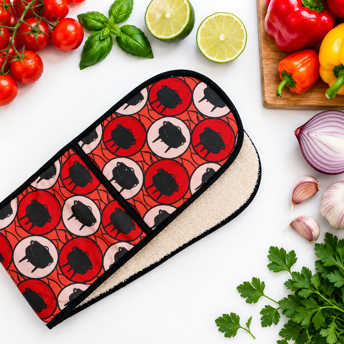 DOUBLE OVEN GLOVE - 3 LEGGED POT CORAL